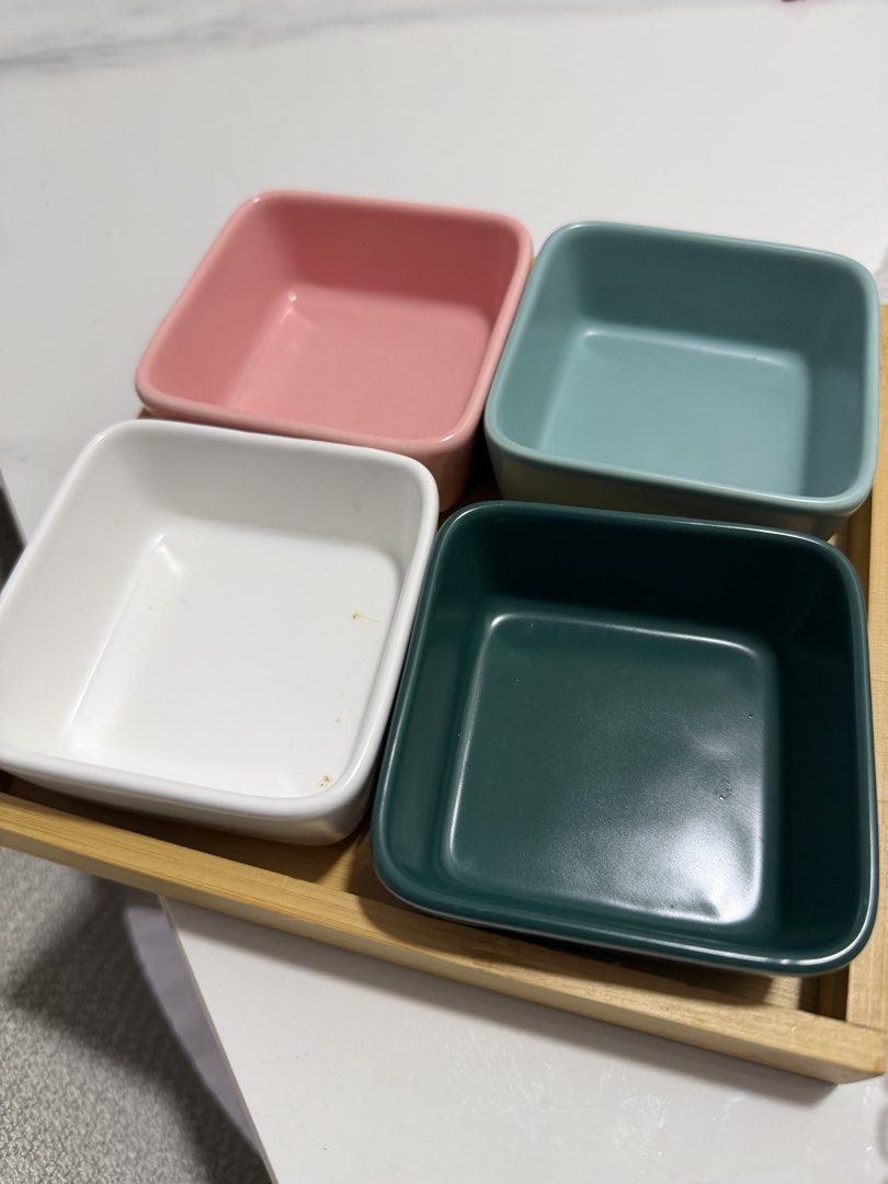 For Sale: Square Ceramic Serving Dishes with Bamboo Tray (2sets)