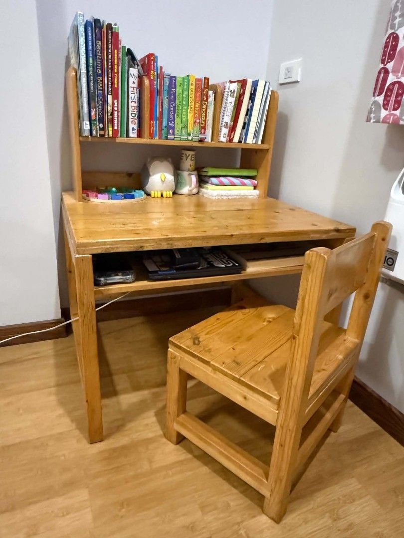 Study table (Category: Kids Tables & Chairs) located in Taguig. Submitted by allasjogs (Listing ID 1436249043, Image 2). Description: Customized study table and chair Material: PINE WOOD Original price: ₱9,250 Selling for only: 3,750 Table measurements: 30 L x 25 W x 70 H inches Finish: NATURAL VARNISH.