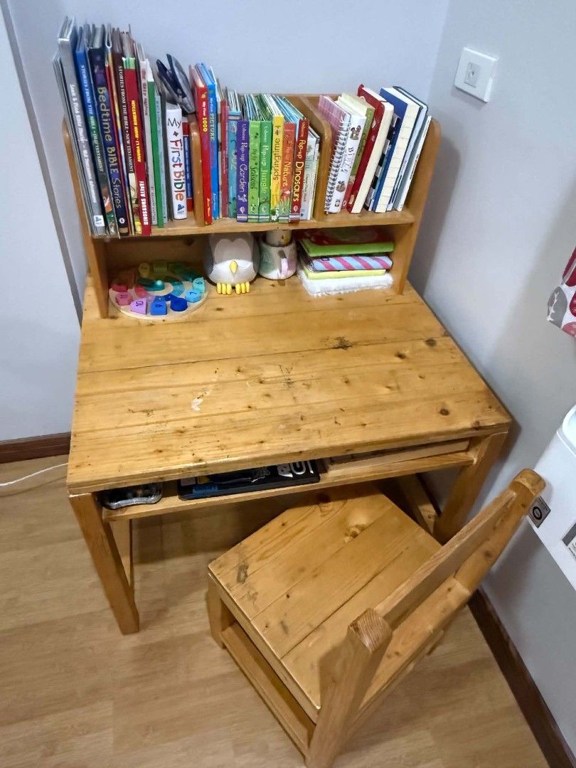 Study table (Category: Kids Tables & Chairs) located in Taguig. Submitted by allasjogs (Listing ID 1436249043, Image 1). Description: Customized study table and chair Material: PINE WOOD Original price: ₱9,250 Selling for only: 3,750 Table measurements: 30 L x 25 W x 70 H inches Finish: NATURAL VARNISH.