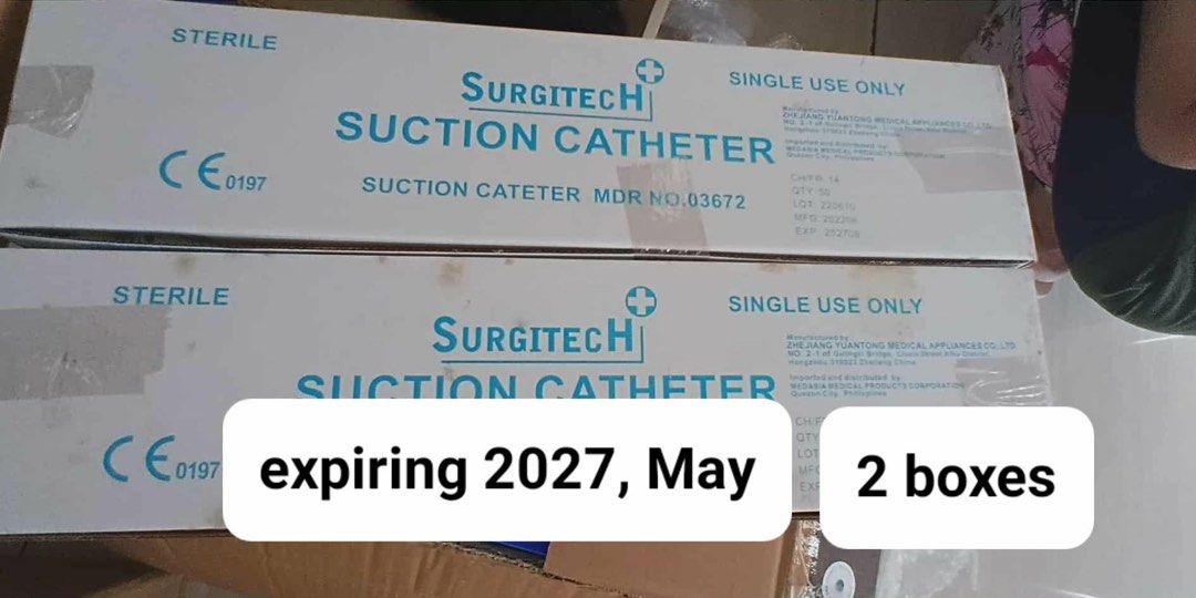 Surgitech Suction Catheter FR 14 - 50pcs (Category: Medical Supplies & Tools) located in Quezon City. Submitted by kyuyang (Listing ID 1436262526, Image 1). Description: - Surgitech Suction Catheter - FR 14 size - 50 pieces per box - Two boxes available - Sterile - Single use only - Expiry: May 2027 - Manufactured by: Zhejiang Yuantong Medical Appliances Co Ltd .