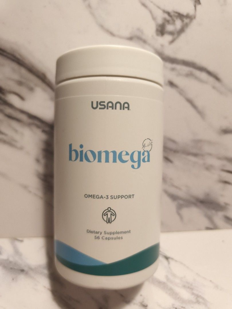USANA Biomega Omega-3 support supplement (Category: Vitamins & Supplements) located in Singapore. Submitted by nat2nat (Listing ID 1436228560, Image 1). Description: Brand new, overstocked - USANA Biomega Omega-3 supplement - 56 capsules per bottle - Supports heart health - Each serving (2 capsules) provides: - 1200mg Total Omega-3 Fatty Acids - 580mg EPA - 470mg DHA - Expiry Date: 03/2027.