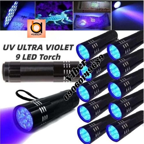 UV ultraviolet 9-LED flashlight (Category: Lighting) located in Manila. Submitted by acbdiane (Listing ID 1436114552, Image 1). Description: LEDs: Features 9 UV light-emitting diodes. Material: Constructed from aluminum alloy. Power: Typically requires three AAA batteries to operate. Dimensions: Approximately 84mm by 25mm, making it pocket-sized..
