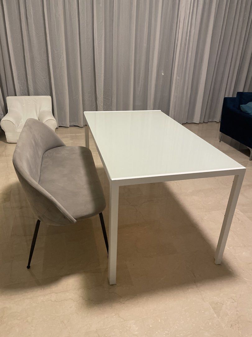 White Dining Table with Grey Bench
