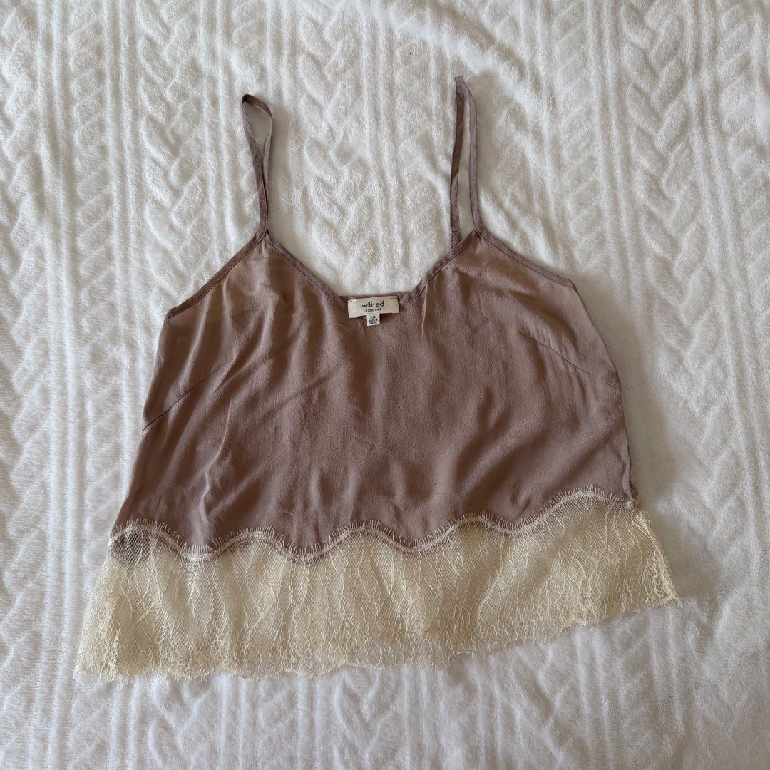 Wilfred Silk Camisole with Lace Trim (Category: Sleeveless) located in Pasig City. Submitted by sichi.ph (Listing ID 1436217385, Image 1). Description: - Wilfred camisole - Silky mauve top - Delicate spaghetti straps - Cream-colored lace trim - V-neck design - Size tag visible.