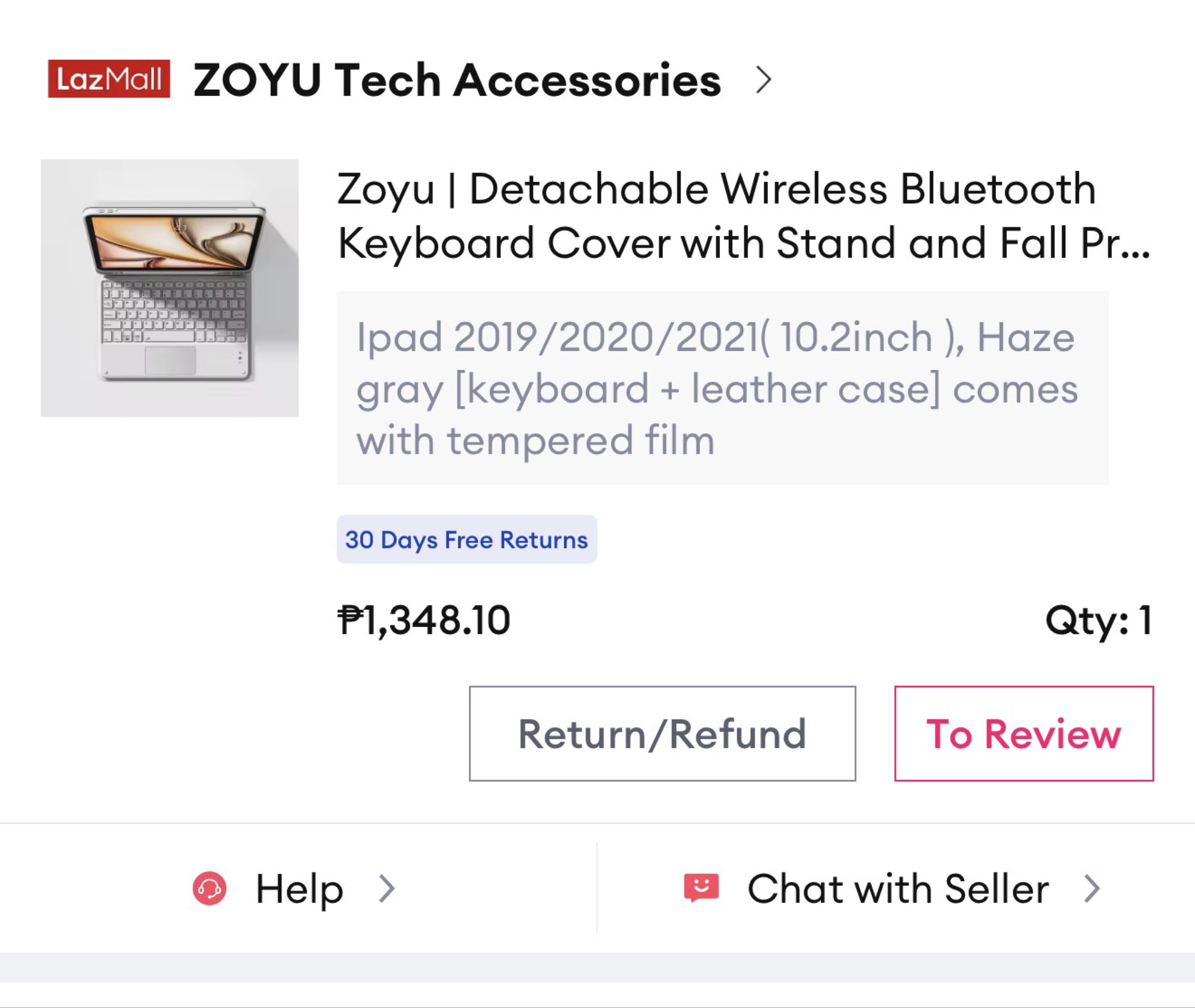 ZOYU Detachable Wireless Bluetooth Keyboard Case for iPad (Category: Cases & Sleeves) located in Manila. Submitted by elsv_ (Listing ID 1436283687, Image 2). Description: - Compatible with iPad 2019/2020/2021 (10.2 inch) - Includes a detachable wireless Bluetooth keyboard - Features a stylish leather case - Integrated stand for comfortable viewing - Comes with a tempered film screen protector - Color: Haze Gray RFS: Wrong Size nabili ko :(.