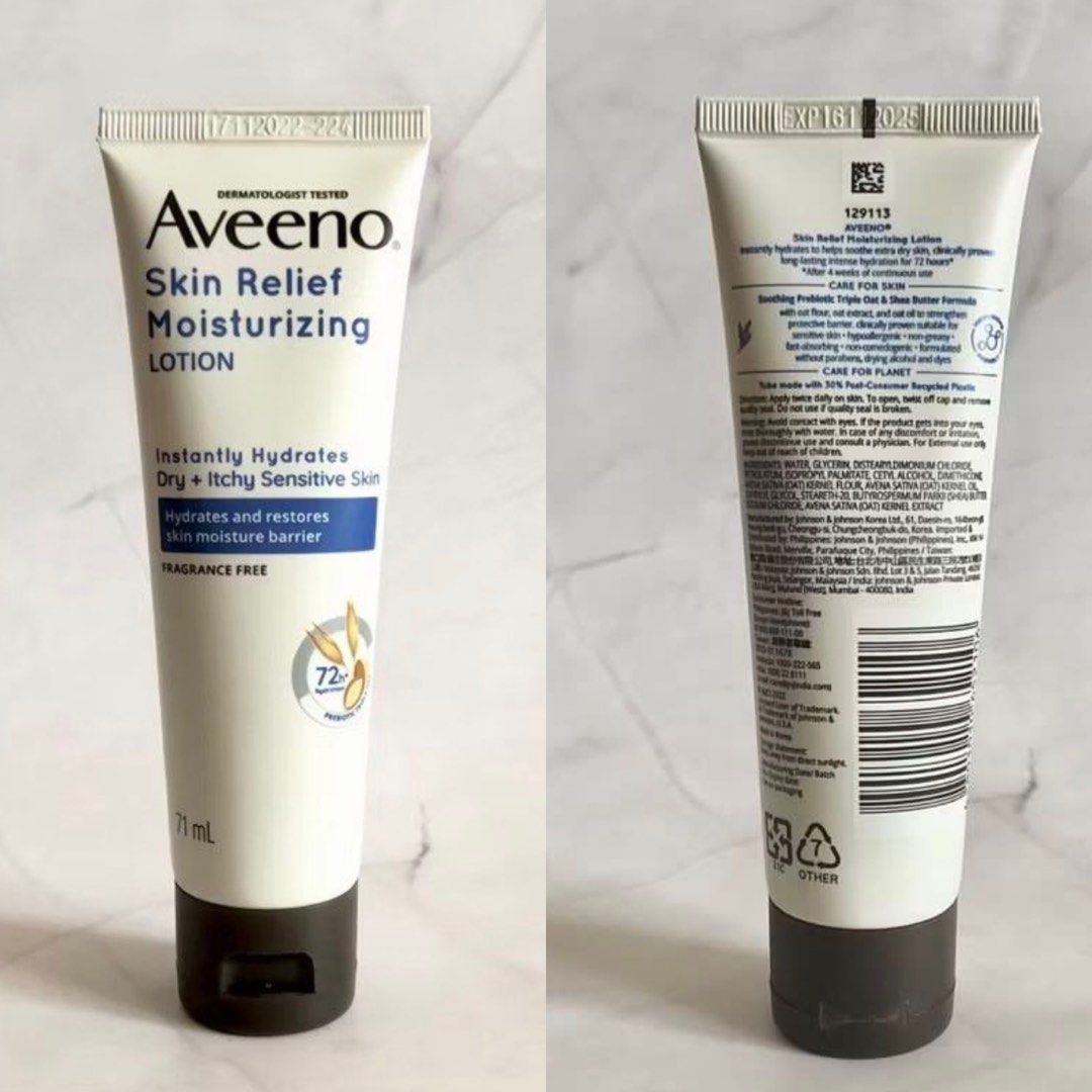 71ml Aveeno Skin Relief Moisturizing Lotion (Category: Face Care) located in Mandaluyong City. Submitted by brandsforless.ph (Listing ID 1436172518, Image 1). Description: - Original Aveeno product - 3yrs shelf life - Expiry: February 5, 2027 -Skin Relief Moisturizing Body Lotion - Net Wt.: 71ml - Dermatologist tested - Instantly Hydrates Dry + Itchy Sensitive Skin - Hydrates and restores skin moisture barrier - Fragrance-free - Prebiotic Triple 
