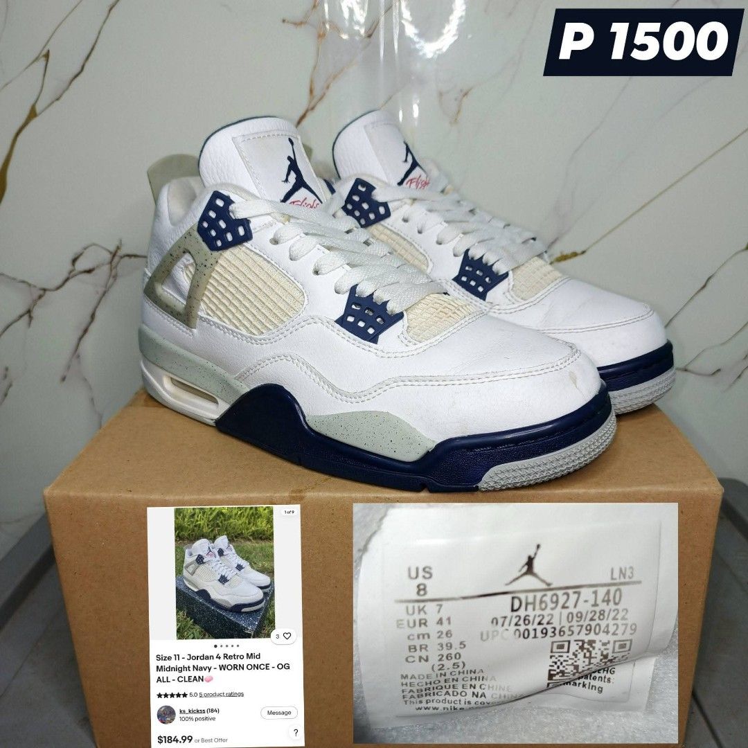 Air Jordan 4 Retro Mid Midnight Navy (Category: Sneakers) located in Calamba. Submitted by dealsoleukayshoes (Listing ID 1436465286, Image 1). Description: - Air Jordan 4 Retro 'Midnight Navy' - Size: US 8 / EUR 41 - Condition: Good - Style Code: DH6927-140 - Manufacturing Dates: 07/26/22 & 09/28/22.