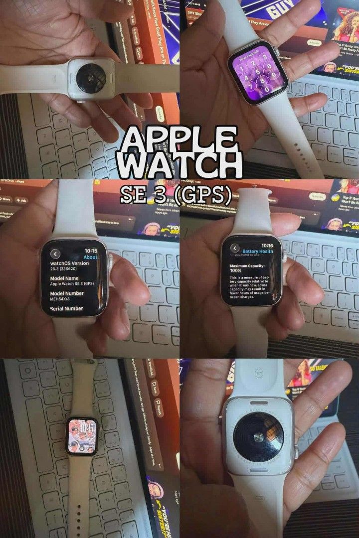 Apple Watch SE 3 (GPS) (Category: Wearables & Smart Watches) located in Paranaque City. Submitted by GadgetAddicted (Listing ID 1436420587, Image 1). Description: - Apple Watch SE 3 (GPS) with white strap - Displays time and various information - Features sensors on the back - Battery capacity at 100%.