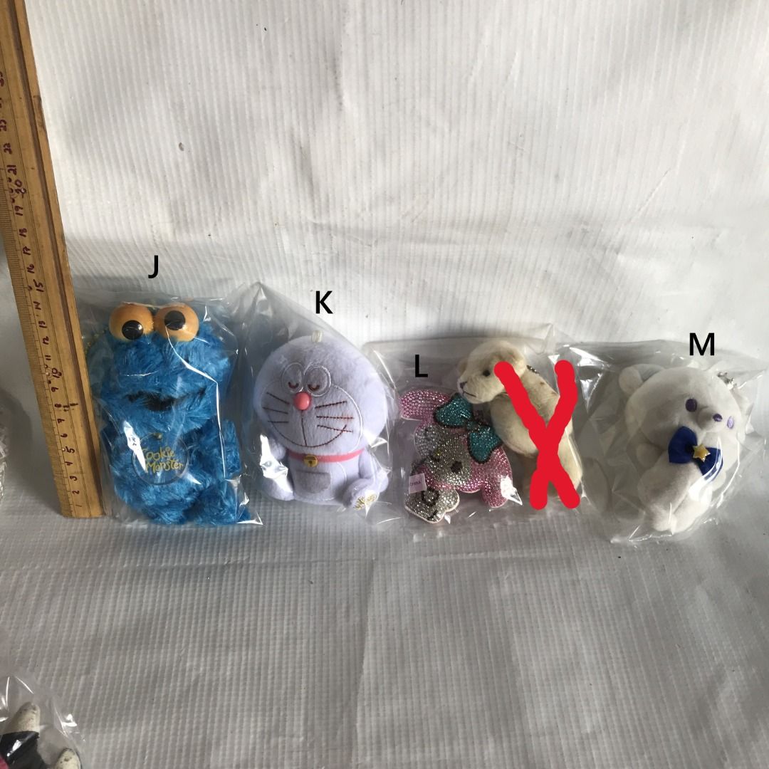 Assorted Plush Toy Keychains *150 each* #4602 (Category: Plushies & Soft Toys) located in Malabon City. Submitted by mldg.surplus (Listing ID 1436211491, Image 3). Description: - Collection of assorted plush toy keychains. - Includes characters like Baymax, Winnie the Pooh, Doraemon, and Cookie Monster. - Each plush toy is individually packaged. - Great for collectors or gifts. - Please note: Some items are crossed out and not available..