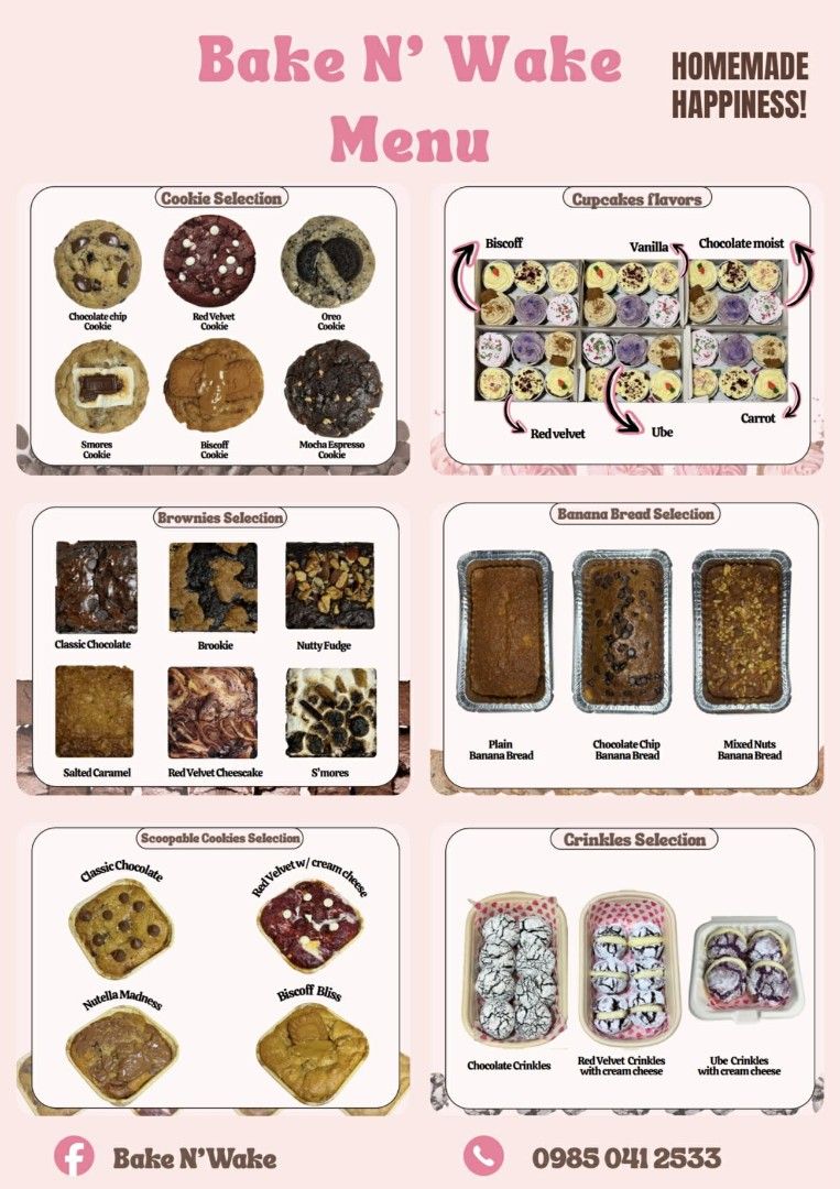 Bake N' Wake Menu - Cookies, Brownies, and More! (Category: Homemade Bakes) located in Manila. Submitted by justinbc89000 (Listing ID 1436308844, Image 1). Description: - Cookies: Chocolate Chip, Red Velvet, Oreo - Brownies: Classic Chocolate, S'mores - Also Available: Banana Bread, Crinkles - Cupcakes: Biscuit, Vanilla, Chocolate Moist, Red Velvet, Ube, Carrot Contact 0985 041 2533 to order!.
