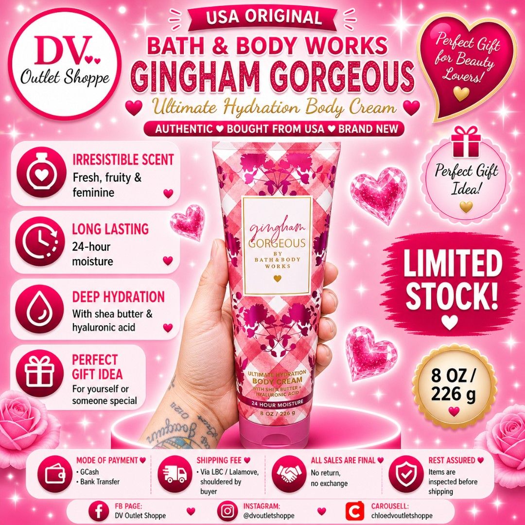 Bath & Body Works Gingham Gorgeous Body Cream (Category: Body Care) located in Binan City. Submitted by chloedvoutletshoppe (Listing ID 1436439100, Image 1). Description: BATH & BODY WORKS GINGHAM GORGEOUS ULTIMATE HYDRATION BODY CREME bought from USA ✔️ All items are 100% authentic ✔️ Money-back guarantee for authenticity 💳 Mode of Payment (MOP): • GCash • Bank Transfer 📦 Shipping Fee (SF): • Via LBC / Lalamove • Shouldered by buyer 🚫 All sal