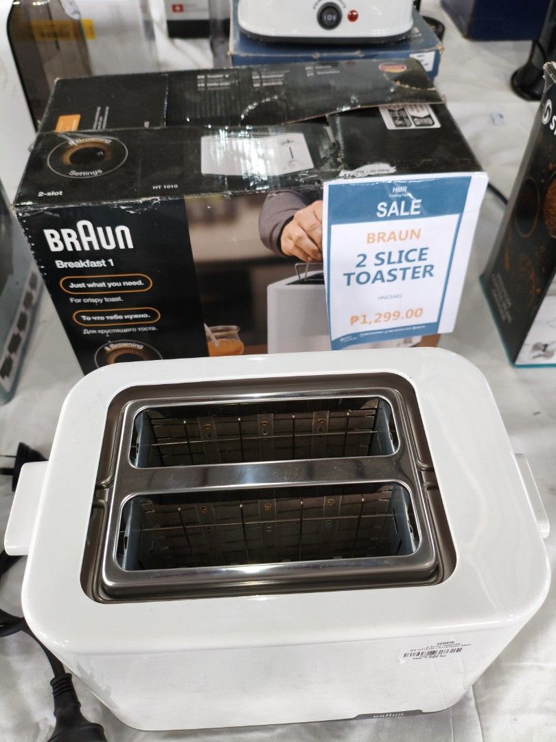 Braun Breakfast 1 2-Slice Toaster (Category: Ovens & Toasters) located in Manila. Submitted by hmrgrace5. (Listing ID 1436319198, Image 1). Description: - Braun Breakfast 1 2-slice toaster - Makes perfectly crispy toast - Stylish white exterior - Durable stainless steel interior - 2-slot design - Originally priced at P1,299.00 - A must-have for your kitchen!.