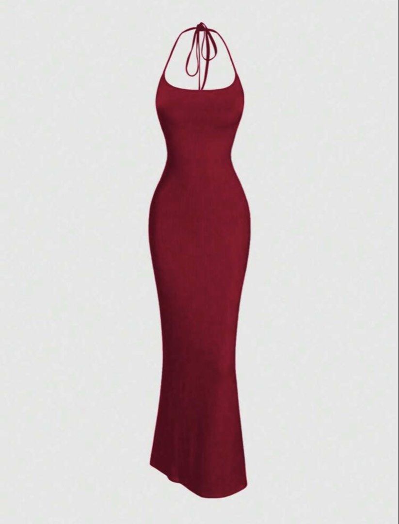 SHEIN Burgundy Dress (Category: Dresses) located in Pasay City. Submitted by drogon234 (Listing ID 1436294870, Image 1). Description: - Elegant burgundy maxi dress - Halter neck design - Form-fitting silhouette - Subtle flared hem - Made of ribbed fabric - Perfect for special occasions or evening wear - Simple and sophisticated design.