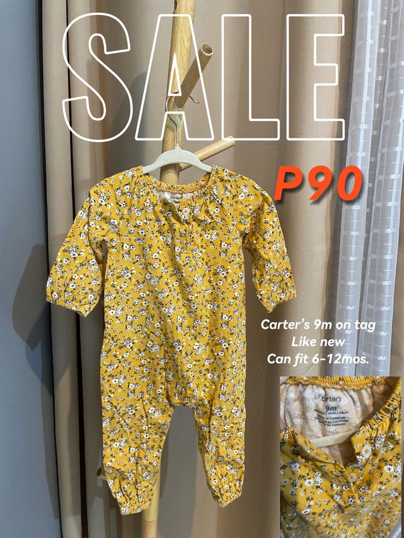 Carter's Floral Romper 9M (Category: Babies & Kids Fashion) located in Caloocan City. Submitted by gorgzel (Listing ID 1436361556, Image 1). Description: - Carter's floral romper - Tagged size: 9 months (fits 6-12 months) - Features: Yellow base, delicate floral pattern - Design: Long sleeves, comfortable fit.