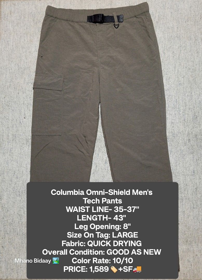 Columbia Omni-Shield Men's Tech Pants (Category: Activewear) located in Valencia. Submitted by mhano_bidaay_outdoors_218 (Listing ID 1436430339, Image 1). Description: - Columbia Omni-Shield men's tech pants - Size: Large - Waist: 35-37 inches - Length: 43 inches - Leg opening: 8 inches - Quick-drying fabric - Features a cargo pocket.