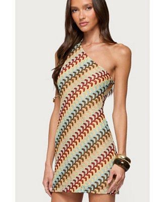 Crochet Dress (Category: Dresses) located in Makati City. Submitted by sphpnd (Listing ID 1436463817, Image 3). Description: - Unique one-shoulder design - Eye-catching crochet pattern - Bodycon fit - Mini length - Colorful pattern: red, yellow, blue, brown - Ideal for nights out and special occasions.