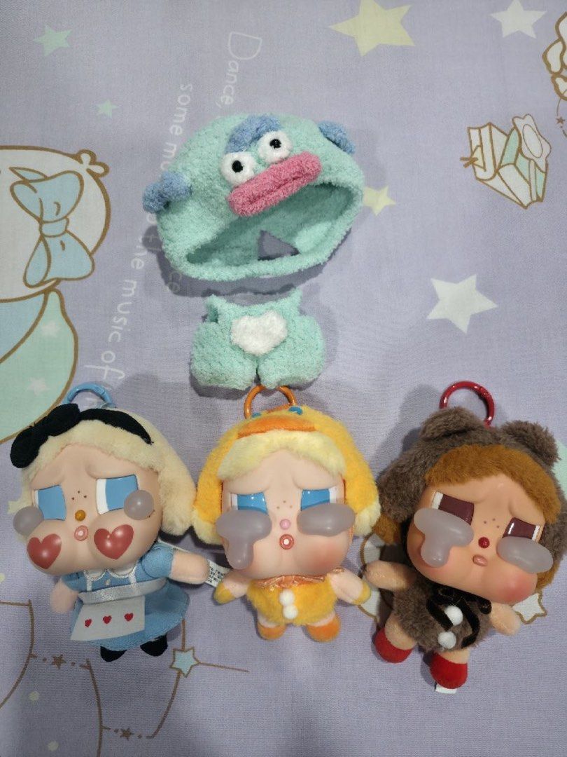 Crybaby Plush Vinyl Take All (Category: Plushies & Soft Toys) located in Quezon City. Submitted by gudesessh (Listing ID 1436422285, Image 1). Description: - Adorable plush toy keychains - Features unique character designs: Alice in Wonderland, duck, and bear - Includes separate plush hat and body - Each keychain has a ring for easy attachment - Perfect for collectors or as a cute accessory.