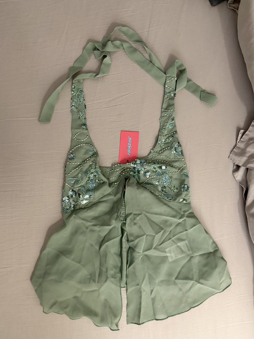 EDIKTED Sequin Chiffon Split Front Top (Category: Sleeveless) located in Manila. Submitted by xyralnt (Listing ID 1436308731, Image 1). Description: - Edikted - Bought for PHP 2,200 - Brand new, never worn.