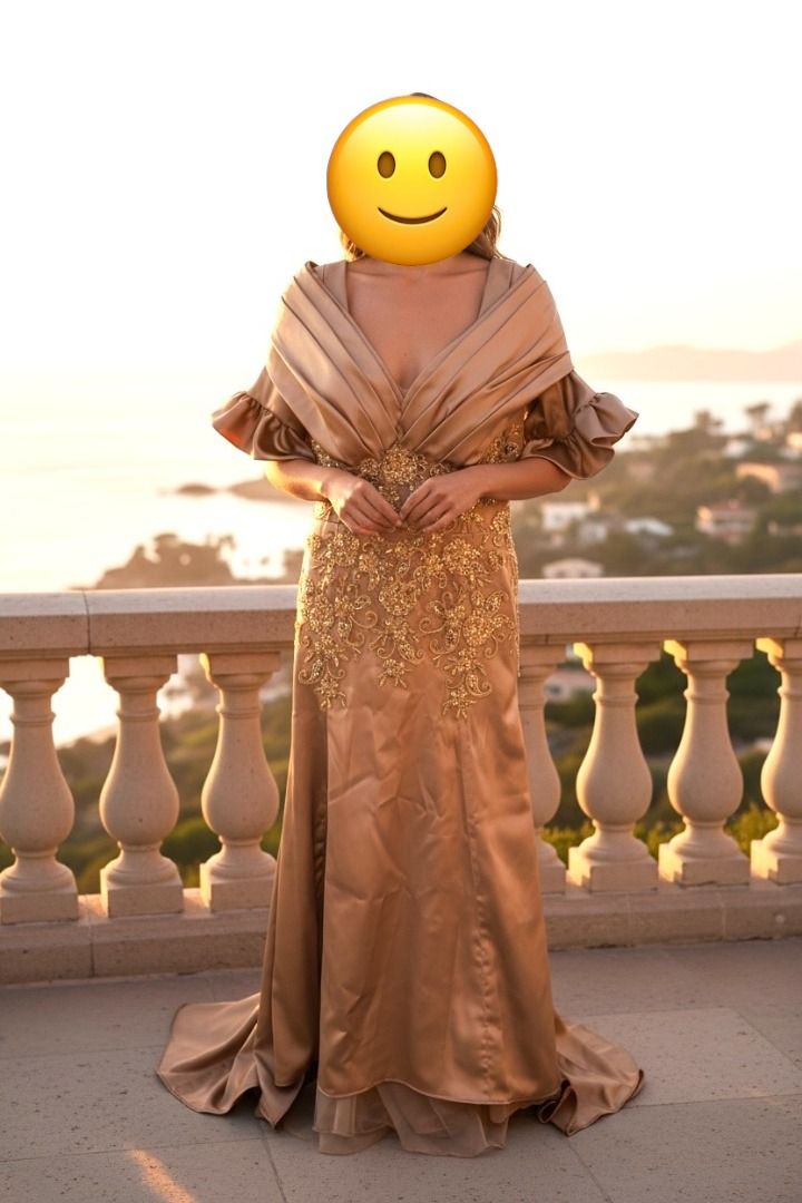 Elegant Champagne Evening Gown (Category: Evening dresses & gowns) located in Manila. Submitted by rcbc1128 (Listing ID 1436383047, Image 2). Description: NEVER BEEN WORN - Champagne-colored evening gown - Intricate gold embroidery on bodice - Flowing skirt with train - Unique off-the-shoulder design with ruffled sleeves - Ideal for special occasions and formal events - Designed to flatter the figure body size: bust - 34"/ waist 30"/ hip 36" Nego