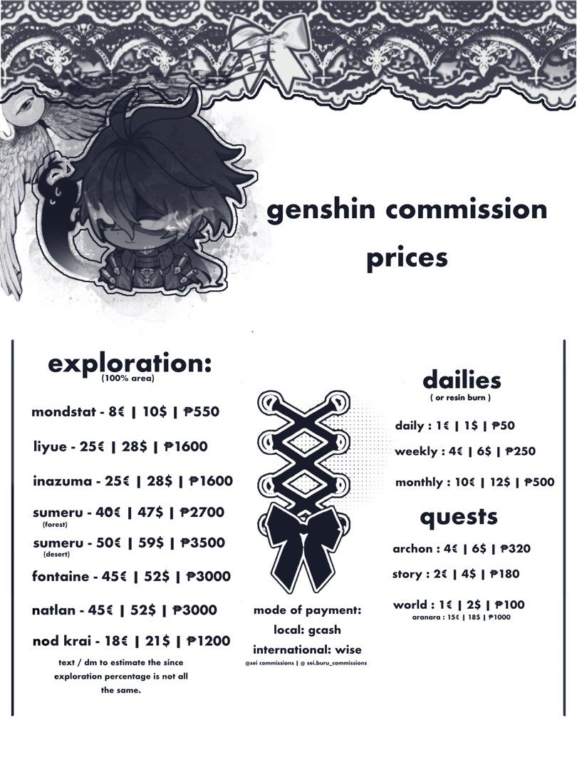 genshin piloting services commission (Category: Others) located in San Fernando. Submitted by sei.buru_commissions (Listing ID 1436324659, Image 2). Description: look at sei.buru_commissions on tiktok for more info ^_^.