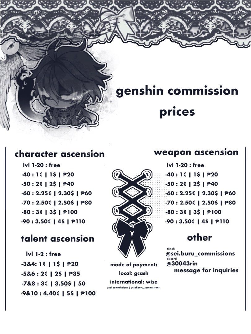 genshin piloting services commission (Category: Others) located in San Fernando. Submitted by sei.buru_commissions (Listing ID 1436324659, Image 1). Description: look at sei.buru_commissions on tiktok for more info ^_^.