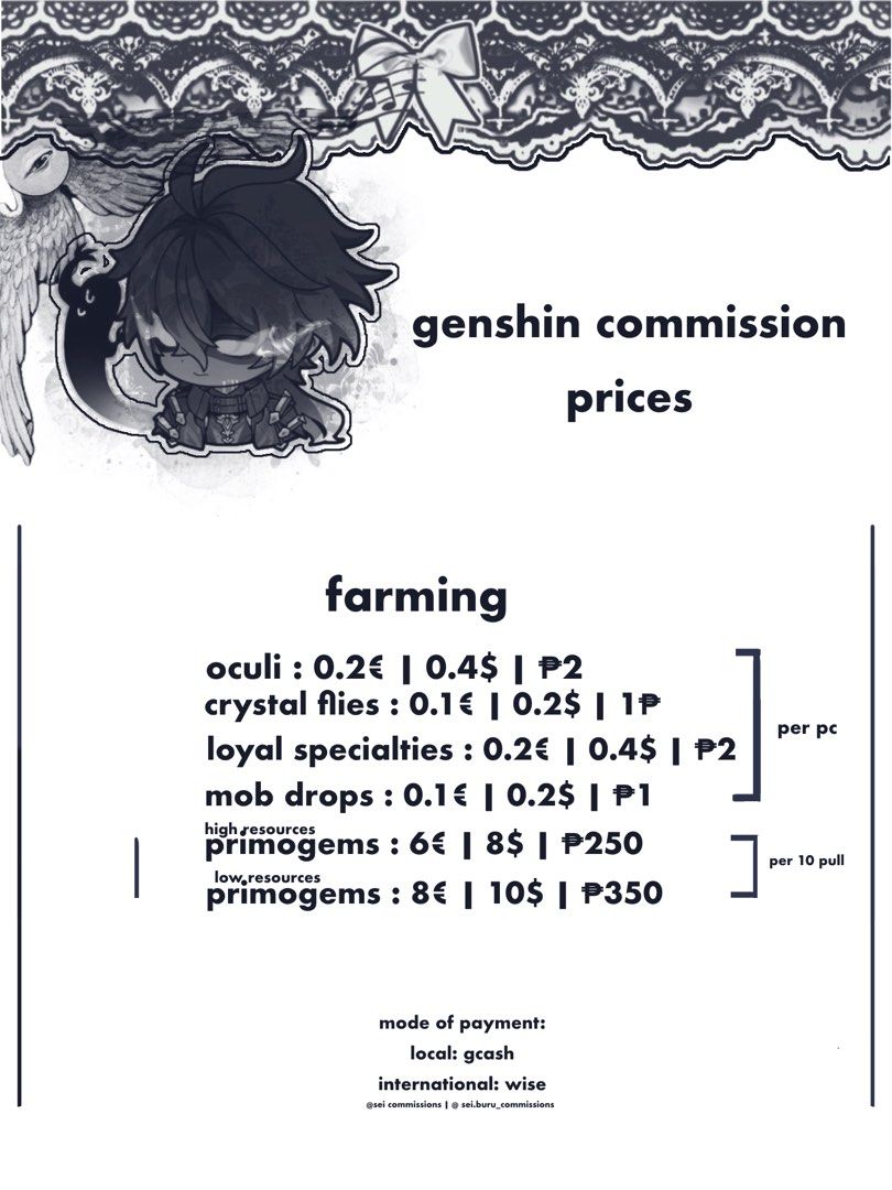 genshin piloting services commission (Category: Others) located in San Fernando. Submitted by sei.buru_commissions (Listing ID 1436324659, Image 3). Description: look at sei.buru_commissions on tiktok for more info ^_^.