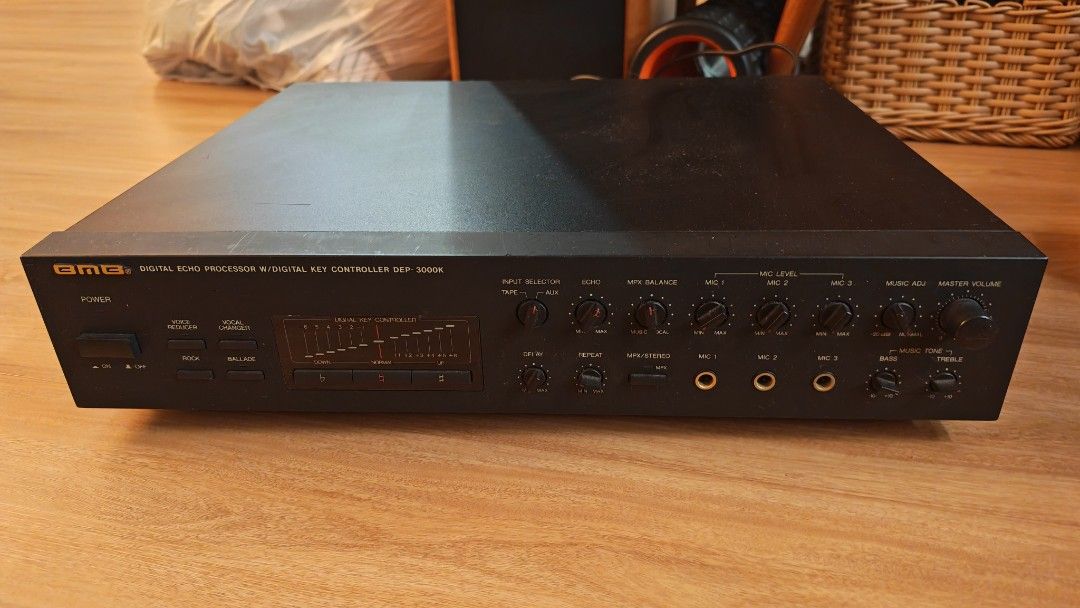 GMB Digital Echo Processor & Digital Key Controller (Category: Music Accessories) located in Singapore. Submitted by vintageaudio (Listing ID 1436439591, Image 1). Description: GMB DEP-3000K digital echo processor and key controller. Features various input and output options, including line out, rec out, tape pb, and aux in. Includes multiple knobs for adjusting echo, balance, mic levels, and master volume..
