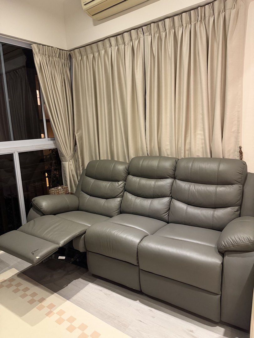 Grey Leather Recliner Sofa - Well Used