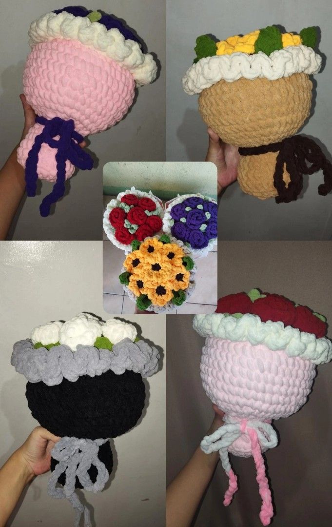 Handmade Crochet Flower Bouquet (Category: Flowers & Bouquets) located in Pasig City. Submitted by angelicajean016 (Listing ID 1436317295, Image 1). Description: - Handmade crochet flower bouquets - Unique designs with different flower types and colors - Available in pink, yellow, red, and white - Perfect for gifts or home decor - Crafted with soft yarn and detailed stitching.