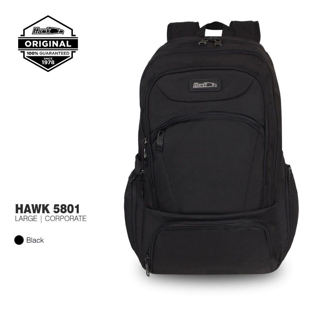 Hawk 5801 Large Corporate Backpack - Black (Category: Backpacks) located in Manila. Submitted by downtown_finds (Listing ID 1436441316, Image 1). Description: Hawk 5801 corporate backpack. Black, durable, and spacious with multiple pockets for organization. Features the Hawk logo. black and gray version .