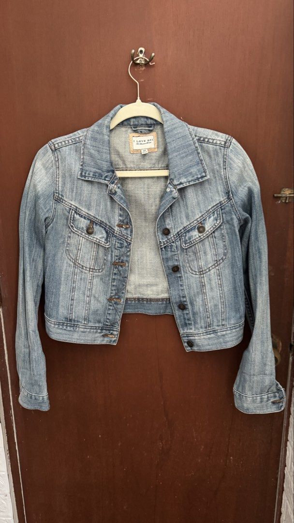 I Love H81 Denim Jacket - S/P (Category: Coats, Jackets and Outerwear) located in Paranaque City. Submitted by migvee (Listing ID 1436295527, Image 3). Description: - I Love H81 Denim Jacket - Light wash - Size S/P, Fits XS-S - Cropped fit - Classic collared neckline - Button-down closure - Two chest pockets - Long sleeves - Perfect for layering.