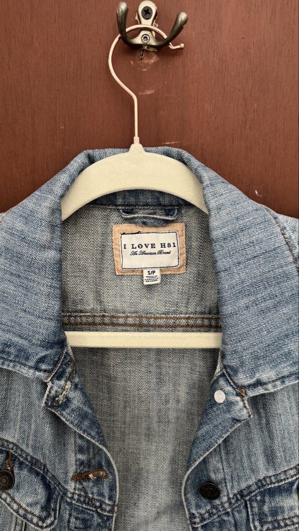 I Love H81 Denim Jacket - S/P (Category: Coats, Jackets and Outerwear) located in Paranaque City. Submitted by migvee (Listing ID 1436295527, Image 2). Description: - I Love H81 Denim Jacket - Light wash - Size S/P, Fits XS-S - Cropped fit - Classic collared neckline - Button-down closure - Two chest pockets - Long sleeves - Perfect for layering.
