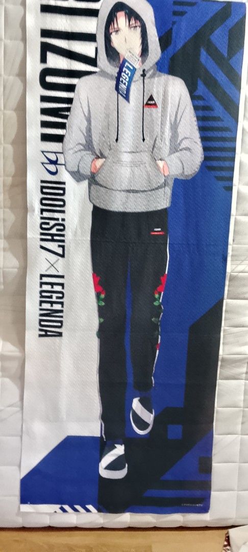 IDOLiSH7 x LEGENDa Towel (Category: Bedding & Towels) located in Santa Rosa. Submitted by animemerchcollection (Listing ID 1436419835, Image 1). Description: - IDOLiSH7 long towel - Features a character illustration - Character design: Gray hoodie, black pants, rose accents - Background: Blue and white - Branding: IDOLiSH7 x LEGENDa -67x190 cm.