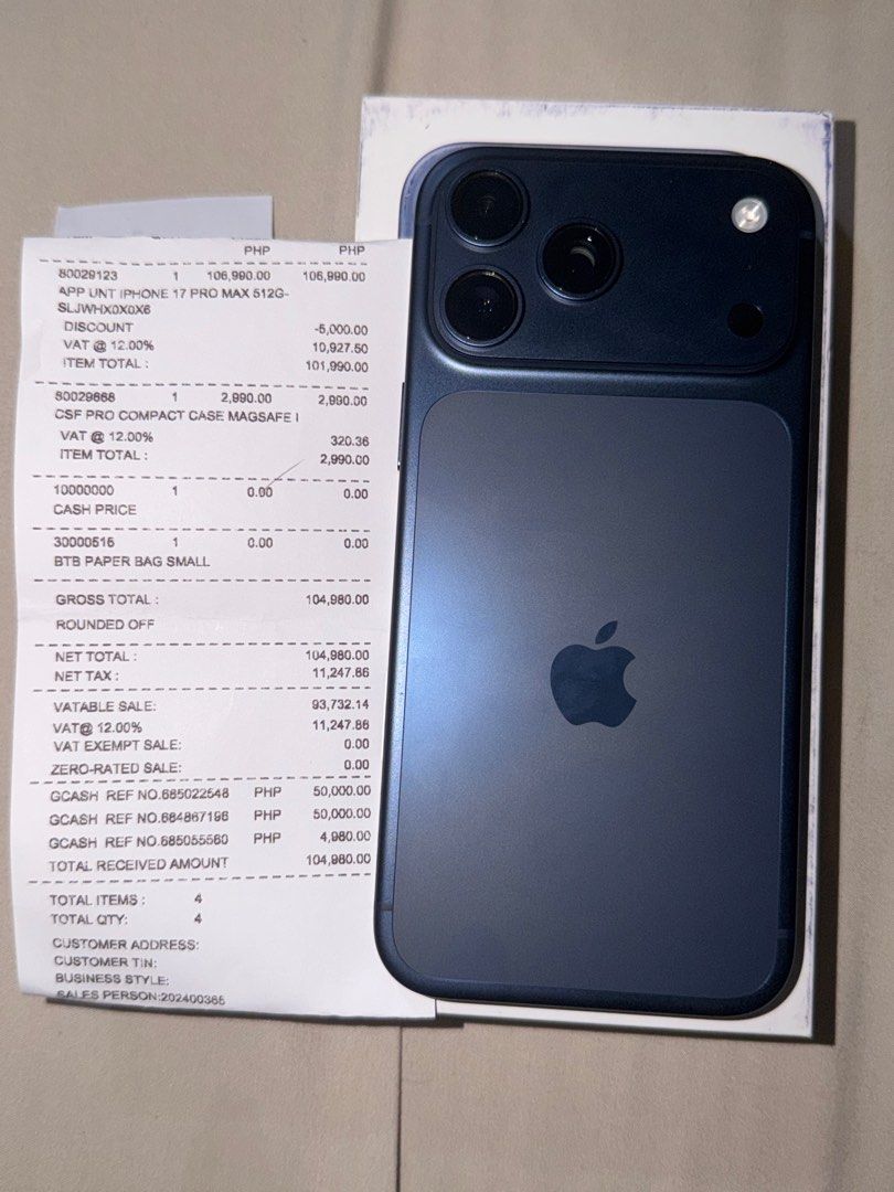 Iphone 17promax deep blue 512gb NTC (Category: iPhone 17 Series) located in Pasig City. Submitted by killavlbn (Listing ID 1436419953, Image 1). Description: iPhone 17Promax 512gb DEEP BLUE NTC FACTORY UNLOCK BOUGHT IN BEYOND THE BOX MAY 03, 2026 NOT USED 1 CYCLE COUNT -NO DENTS/ ISSUE JUST OPENED FOR CHECKING AND TEMPERED GLASS WITH BOX AND RECEIPT RFS: GIFT, GOT 2PHONES .