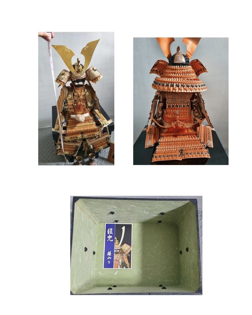 Japanese Samurai Armor Set (Category: Vintage Collectibles) located in General Trias. Submitted by vcd1707 (Listing ID 1436361443, Image 2). Description: - Complete Japanese Samurai Armor Set - Includes armor, helmet, and accessories - Striking orange and gold color scheme - Comes with original box and informational booklets - Price: PHP 2500.