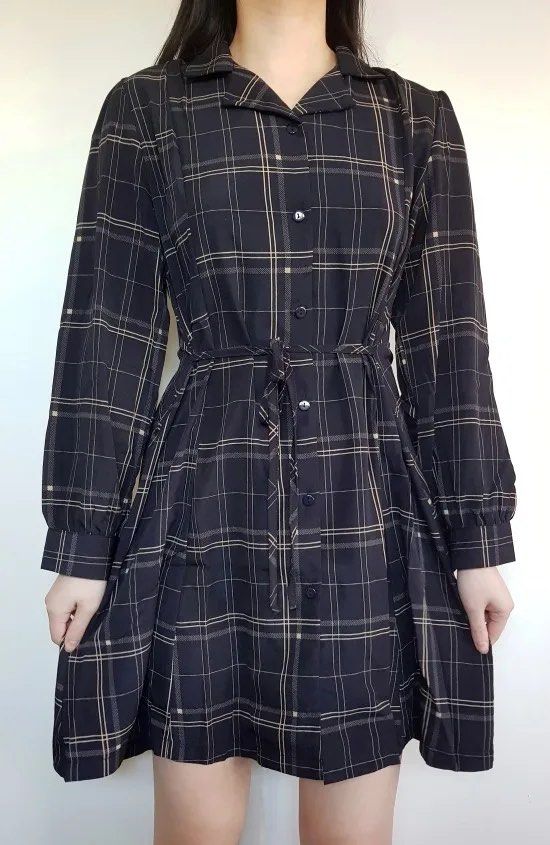 Korean Dress (Category: Dresses) located in Makati City. Submitted by sphpnd (Listing ID 1436463929, Image 1). Description: - Color: Navy blue and beige plaid - Features: - Collared neckline - Long sleeves - Button-down front - Tie-back detail - Condition: Excellent - Style: Casual and chic.