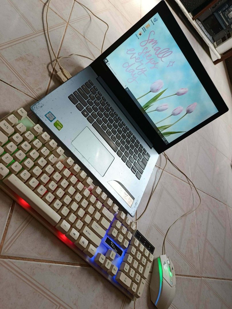 Lenovo Ideapad 320-14ISK Laptop (Category: Laptops & Notebooks) located in Abucay. Submitted by ukay_withdj (Listing ID 1436355377, Image 2). Description: - Lenovo Ideapad 320-14ISK laptop - Intel Core i3-6006U processor - 4GB RAM - 64-bit operating system - Blue finish with stickers - Includes keyboard and mouse - Screen displays "Small steps every day" wallpaper free mouse and keyboard .