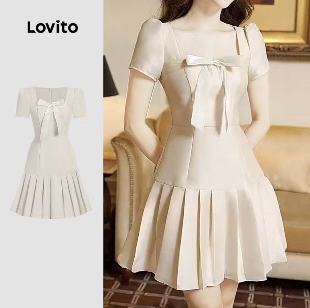Lovito Square Neck Pleated Dress (Category: Dresses) located in Manila. Submitted by lily_rye (Listing ID 1436317431, Image 1). Description: - Lovito dress - Light beige color - Square neckline - Pleated skirt - Bow detail at chest - Short sleeves One time lang ginamit for graduation - Perfect for special occasions or everyday wear.