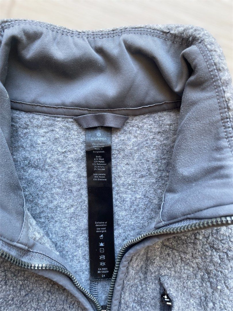 Lululemon Tundra Trek Jacket (Category: Coats, Jackets and Outerwear) located in Mataasnakahoy. Submitted by zero4thrift (Listing ID 1436377764, Image 3). Description: Lululemon Tundra Trek Jacket - Lululemon jacket - Full zip closure - High collar - Gray, textured fleece exterior - Smooth panels on sides - Two front pockets - Small chest pocket - Made in Bangladesh Size Medium on tag 21-22 “ width 25 1/2 “ length 24 1/2 “ sleeves Very good condi