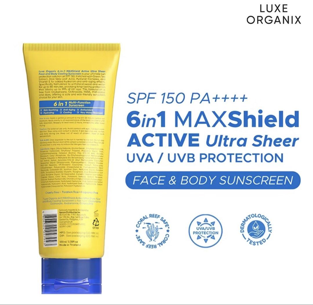 Luxe Organix 6in1 MAXShield Active Ultra Sheer Sunscreen (Category: Face Care) located in Nagcarlan. Submitted by jemcollex (Listing ID 1436331311, Image 2). Description: - Luxe Organix 6in1 MAXShield Active Ultra Sheer Sunscreen - Provides UVA/UVB protection for face and body - 6-in-1 multi-function sunscreen - SPF 150 PA++++ - unused, orig price is ₱450.