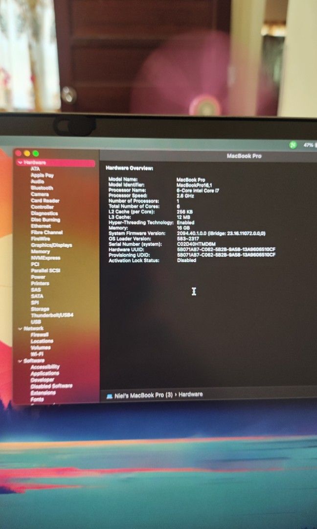 Macbook Pro 16 2019 (Category: Laptops & Notebooks) located in Baguio. Submitted by niel_awesome (Listing ID 1436318469, Image 3). Description: 🔥 SALE: MacBook Pro 16" (2019) A2141 | 16GB RAM | 512GB SSD | Full Box + FREE Hub Price ₱27,000 Condition: Appearance: 9/10 (Very smooth, well-kept) Functionality: 100% working, no hidden issues Screen: Crisp Retina Display with no dead pixels ⚡ Quick Specs (Model A2141): Processor: 2.6GHz 6-Core Intel C