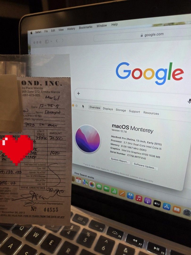 Mcbook Pro Mid2015 Complete (Category: Laptops & Notebooks) located in Manila. Submitted by acraftnine (Listing ID 1436458465, Image 2). Description: Mcbook Pro Mind2015 8gb RAM 256gb Memory MacOS Monterey 12.7.6 Mukhang bago pa. ISSUES: -Battery (kelangan laging nakasaksak) -Yung rubber sa gilid ng monitor natanggal yung iba pero maayos ang monitor at walang deadpixel. -Medyo mabagal na dahil lumang model na to. -Bagong palit yung speaker. Sa mi