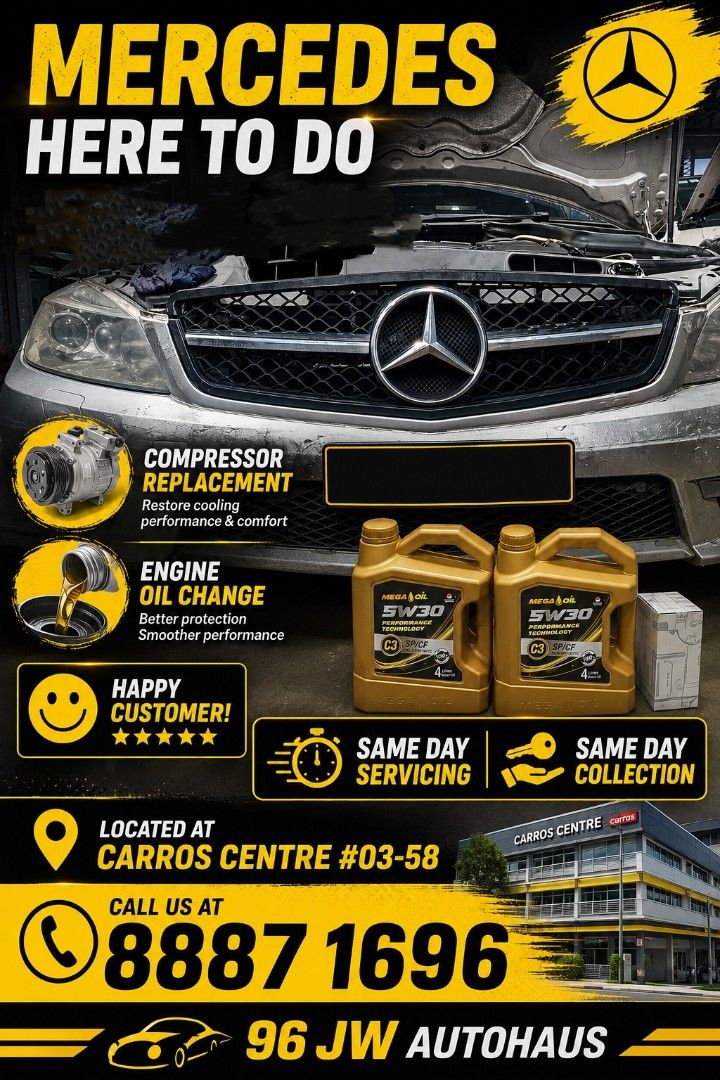 Compressor Replacement (Category: Other Car Parts) located in Singapore. Submitted by 96jwautohaus (Listing ID 1436304452, Image 1). Description: Aircon not cold? Engine feeling rough? Strange noise or poor performance? 👉 Don’t wait until it gets worse. 🔧 Our Services: ✔ Compressor Replacement – Restore strong cooling ❄️ ✔ Engine Oil Change – Smoother & better performance ⚙️ ✔ Full Car Servicing & Repairs 🔥 WHY CHOOSE US? ✅ Same Day Servicing 