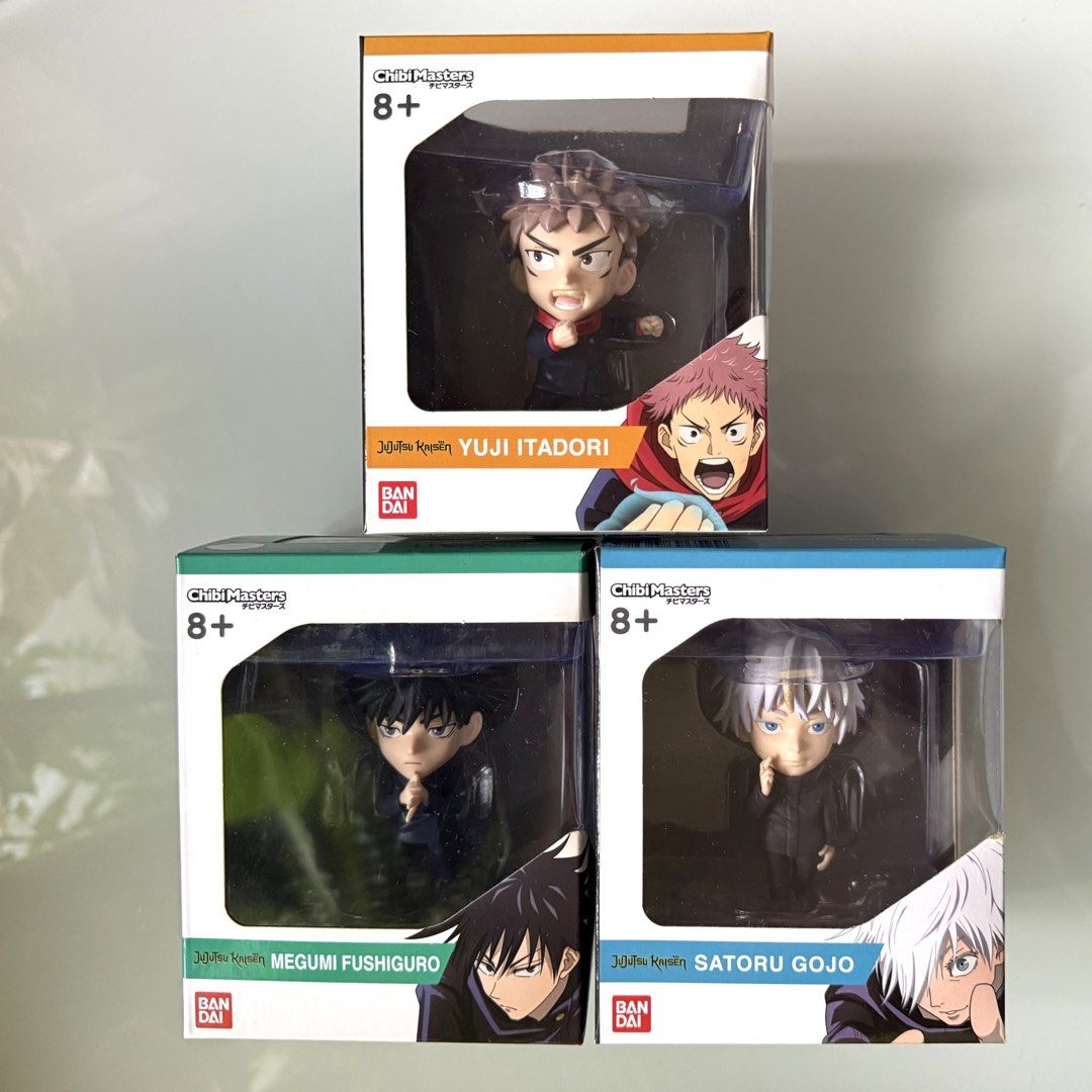 MISB Complete Set of 3 Bandai ChibiMasters Jujutsu Kaisen Megumi Yuji Itadori + Satoru Gojo + Fushiguro Collectible Chibi Masters Action Figures, Authentic, New, Sealed & Unopened in mint Condition (Category: Toy Figures) located in Singapore. Submitted by tudor8 (Listing ID 1436377980, Image 1). Description: Authentic, New, Sealed & Unopened in Mint Condition 😊 Fixed price please, thanks 😊 First come first served basis while stocks last :) Ite