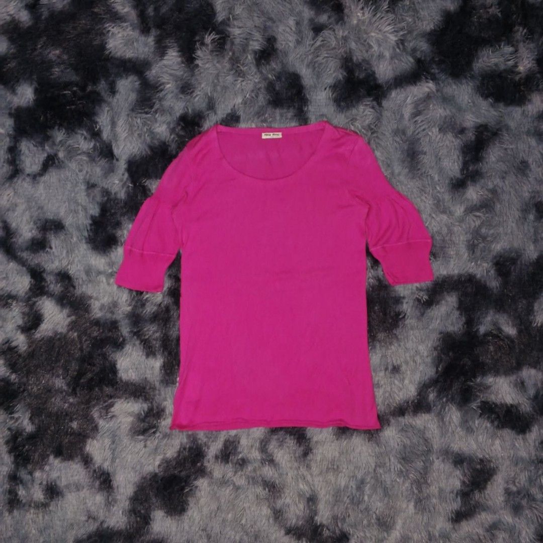 Miu Miu Pink Round Neck Top Blouse (Category: Luxury Apparel) located in Dagupan City. Submitted by finestthriftstuffph (Listing ID 1436375486, Image 1). Description: (Authentic) Very Presentable Size: 36 on Tag (Authentic) (Measured by INCHES) Width: 17 Length: 24 Shoulder: 15 Sleeve: 12 Condition: As New Color Rate: 10/10 Issue: None "Colors may vary due to lightning" "Swipe each photo to see more details".