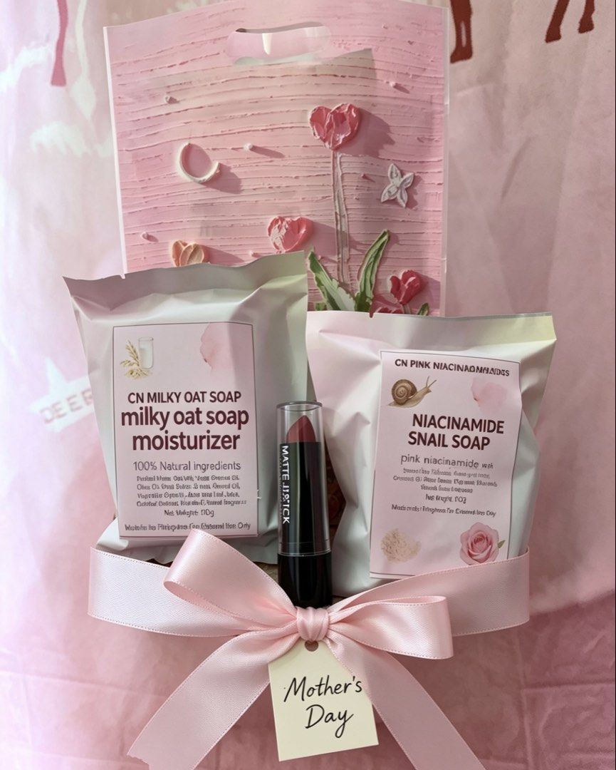 Mother's Day Gift Set: Soap, Lipstick (Category: Makeup) located in Mexico. Submitted by cnsoapsph (Listing ID 1436444055, Image 1). Description: - Mother's Day Gift Set - Includes: CN Milky Oat Soap, CN Pink Niacinamide Snail Soap, and Matte Lipstick - Beautifully presented with a pink ribbon - Comes with a special Mother's Day tag - Perfect for a thoughtful gift.
