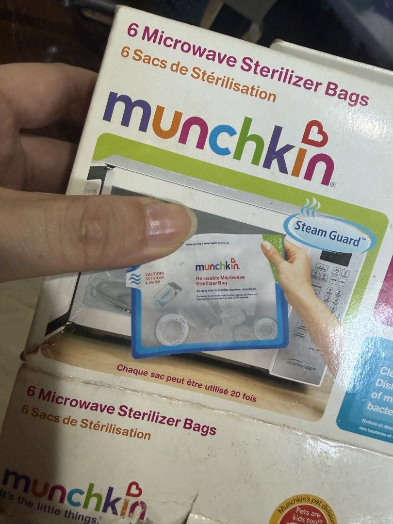 Munchkin Microwave Sterilizer Bags (Category: Breastfeeding & Bottle Feeding) located in Quezon City. Submitted by ks_closet_cleaning (Listing ID 1436438803, Image 2). Description: - Sterilizes bottles, nipples, and pacifiers great for traveling - Fast: Sterilizes in 90 seconds. - Kills 99.9% of germs. - Reusable: Each bag can be used up to 20 times. - Easy to use for bottles, nipples, and breast pump accessories..