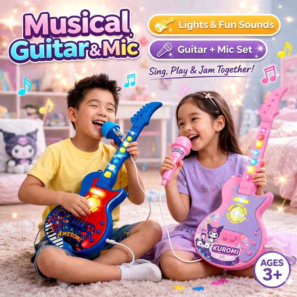 Musical Guitar & Mic Set for Kids (Category: Musical Instruments) located in Tanza. Submitted by novice_ (Listing ID 1436315908, Image 2). Description: - Musical guitar set with guitar and microphone. - Features lights and fun sounds. - Includes on/off switch, audio input, and mic input. - Comes with a USB 3.5mm audio adapter cable. - Suitable for children aged 3 and above. - Model cable included. RFS: Duplicate.