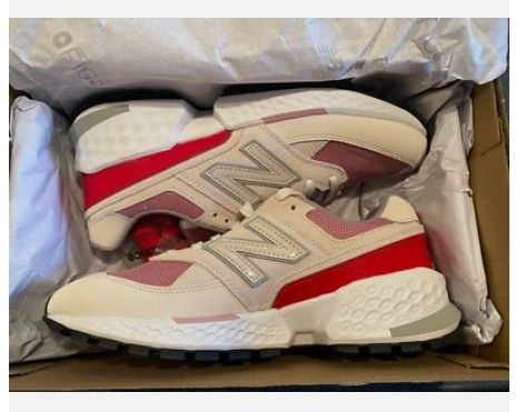 New Balance 574 Figs Sneakers (Category: Sneakers) located in Iriga City. Submitted by twin28 (Listing ID 1436295587, Image 1). Description: - New Balance 574 'Figs' sneakers - Color: Cream, red, and pink - Features a mesh upper with suede overlays - New Balance logo on the side - Black and white soles.