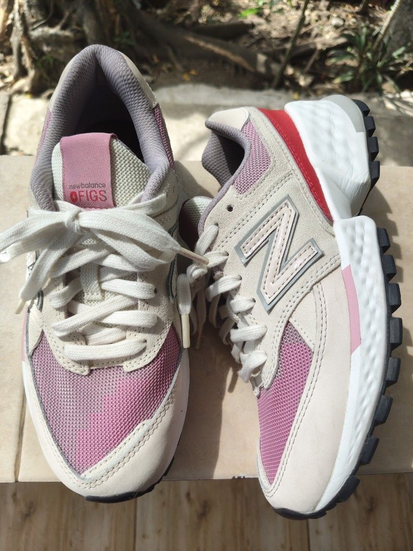 New Balance 574 Figs Sneakers (Category: Sneakers) located in Iriga City. Submitted by twin28 (Listing ID 1436295587, Image 2). Description: - New Balance 574 'Figs' sneakers - Color: Cream, red, and pink - Features a mesh upper with suede overlays - New Balance logo on the side - Black and white soles.
